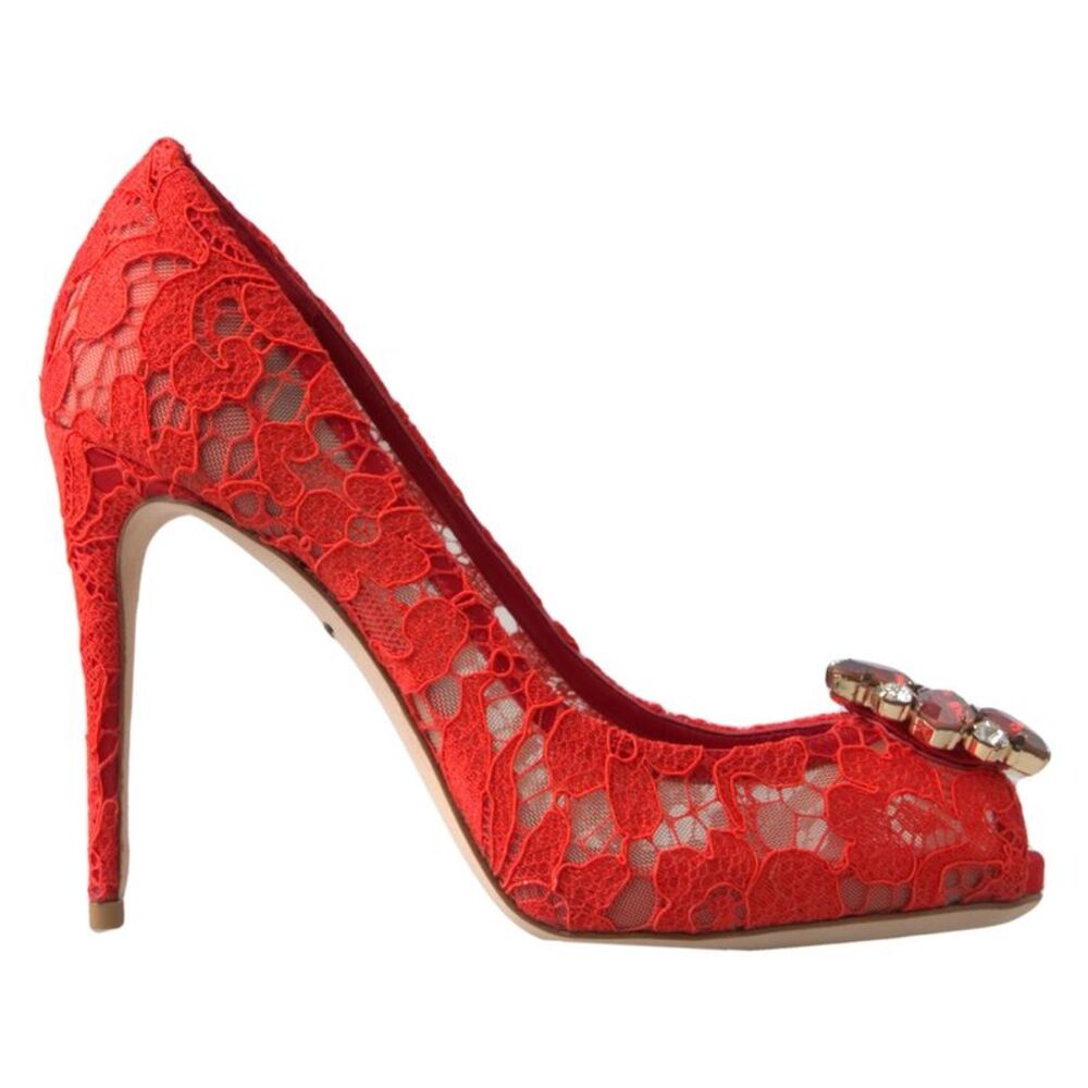 Dolce & Gabbana Red Taormina Lace Crystal Heels Pumps Women's Shoes